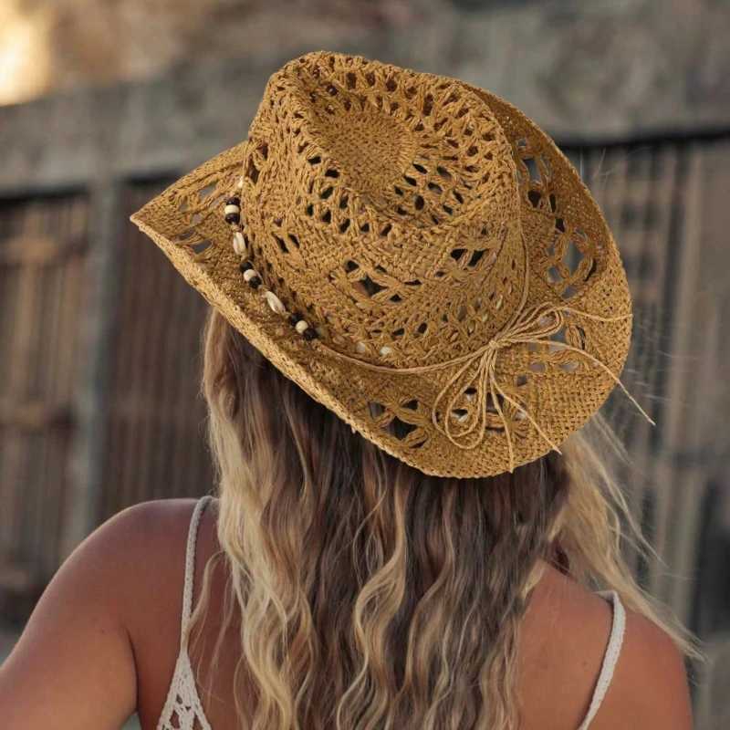 1pc Boho Shell Hollow Out Straw Sun Hat Western Cowgirl Beach Hat Suitable For Mothers Day Easter Vacation Photo Shoot H260407