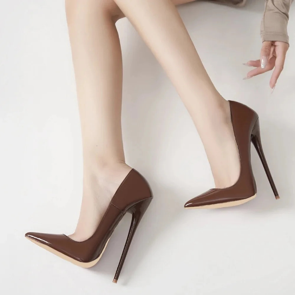 Womens Extreme High Heel Pointed Toe Pumps Brown Patent Stiletto Shoes for Po Shoot Pole Dancing Cosplay Catwalk 260407 - view 7