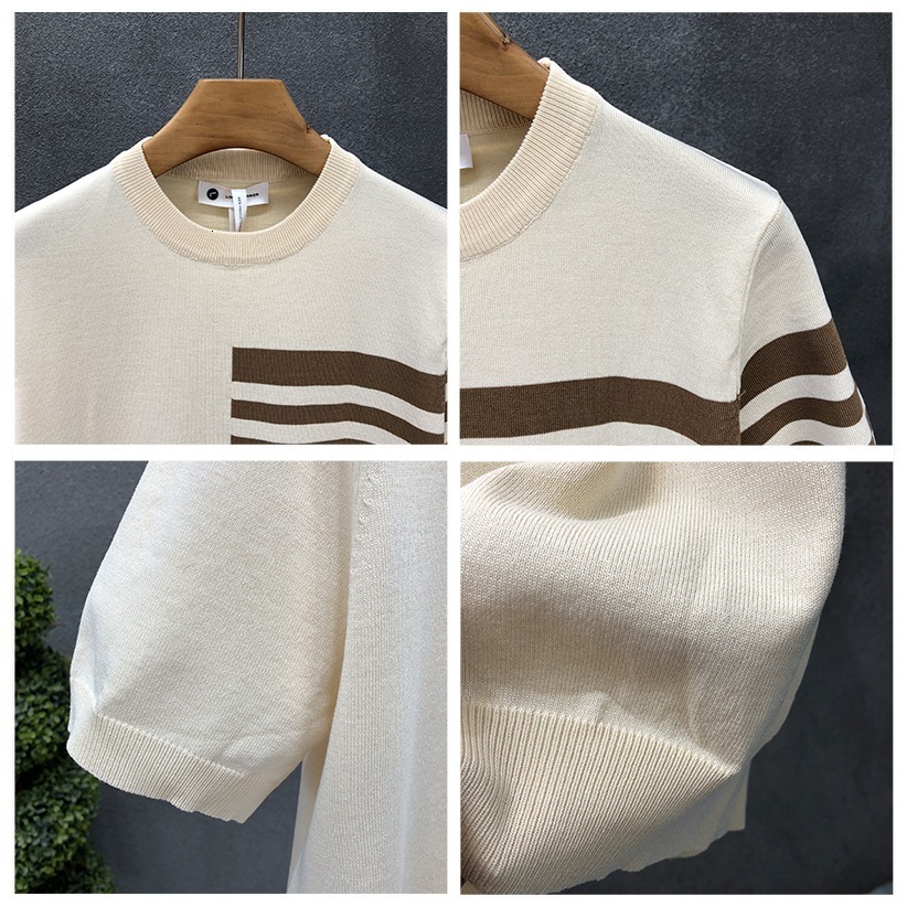 Luxury Brand Designer 2026 New Summer Trend Versatile Round Neck Knit Short Sleeve Color-Block Thin T-Shirt Men Base Layer Shirt