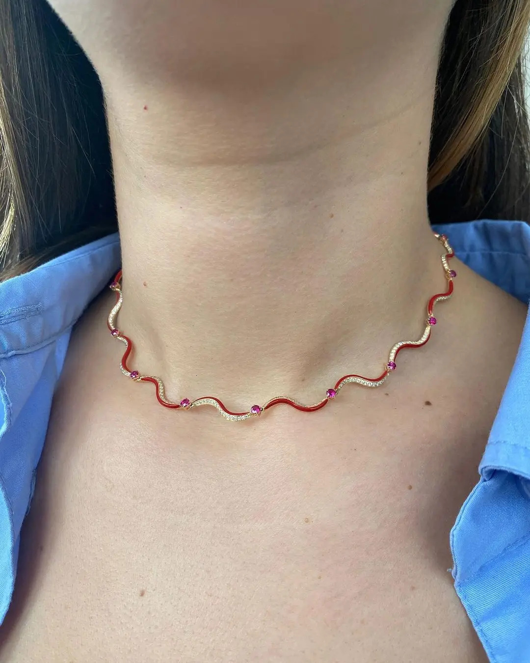 Colorful Enamel Water Wave Tennis Necklaces for Women Paved Bling Cubic Zirconia Gold Color Chocker Party Fashion Jewelry260410BJ - view 5