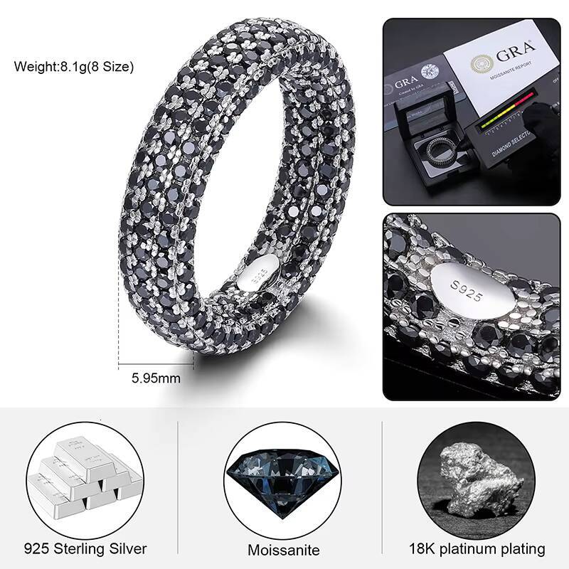 Rock Mens Jewelry Hip Hop Real 925 Sterling Silver Full Black VVS Moissanite Diamond Iced Out Stamp Finger Ring for Women Man