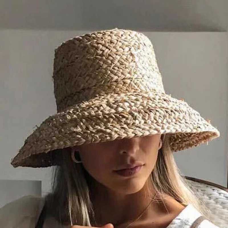 Fashion Women Wide Brim Raffia Hat Women Vacation Beach Hats Flat Top Straw Hat Summer Sun Hat Ladies UV Bucket Hat Wholesale H260407