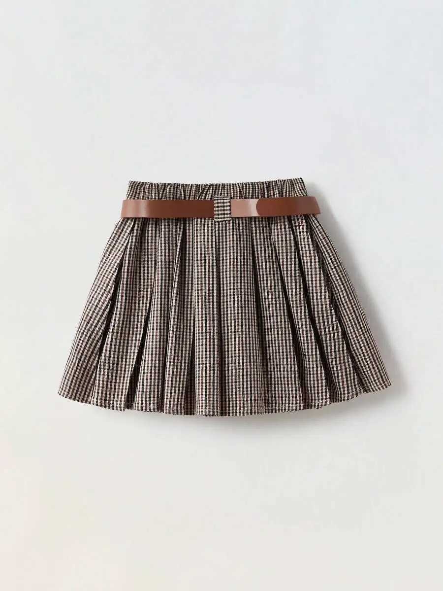 Girls Plaid Pleated Mini Skirt with Belt - Classic Checkered Design H260407