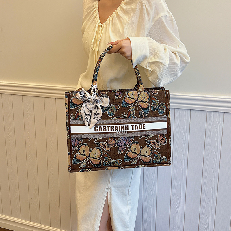 Vintage Butterfly Floral Print Canvas Tote Bag Set for Women Large & Mini Handbag, Retro Luxury Everyday Tote