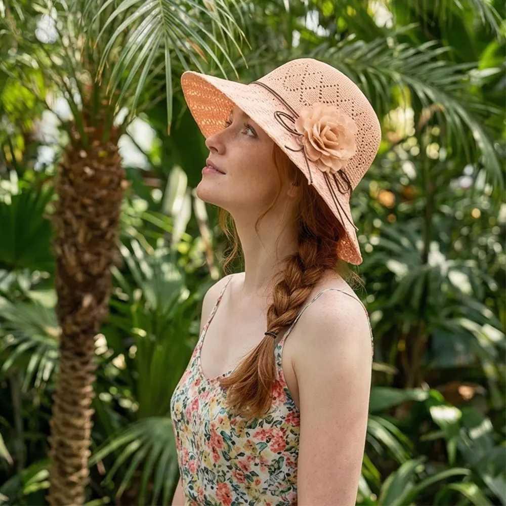 Fashion Casual Sun Cap Sunscreen Beach Hat Flowers Straw Hat Bucket Hat Women Outdoor Wide Brim Sweet Elegant Foldable Hats H260407