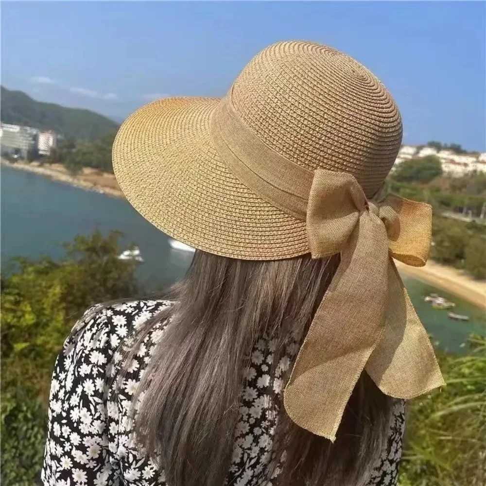 Korean Style Summer Sun Protection Woven WomenS Straw Hat Bow Tie Elegant Beach Hat Large Brim Sun Hat for Vacation Sun Hat H260407