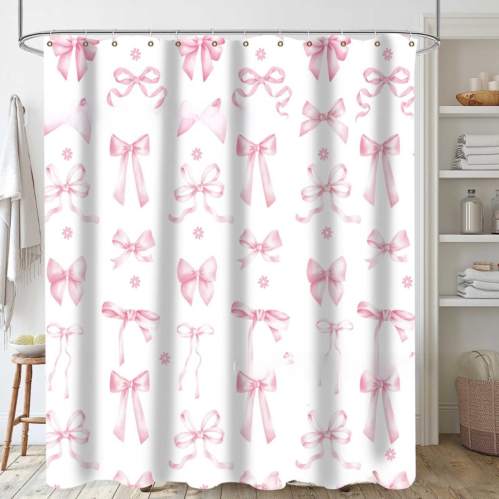 Shower Curtain Pink Bow Design Sweet Style Polyester Digital Printing Waterproof Bathroom Partition Curtain