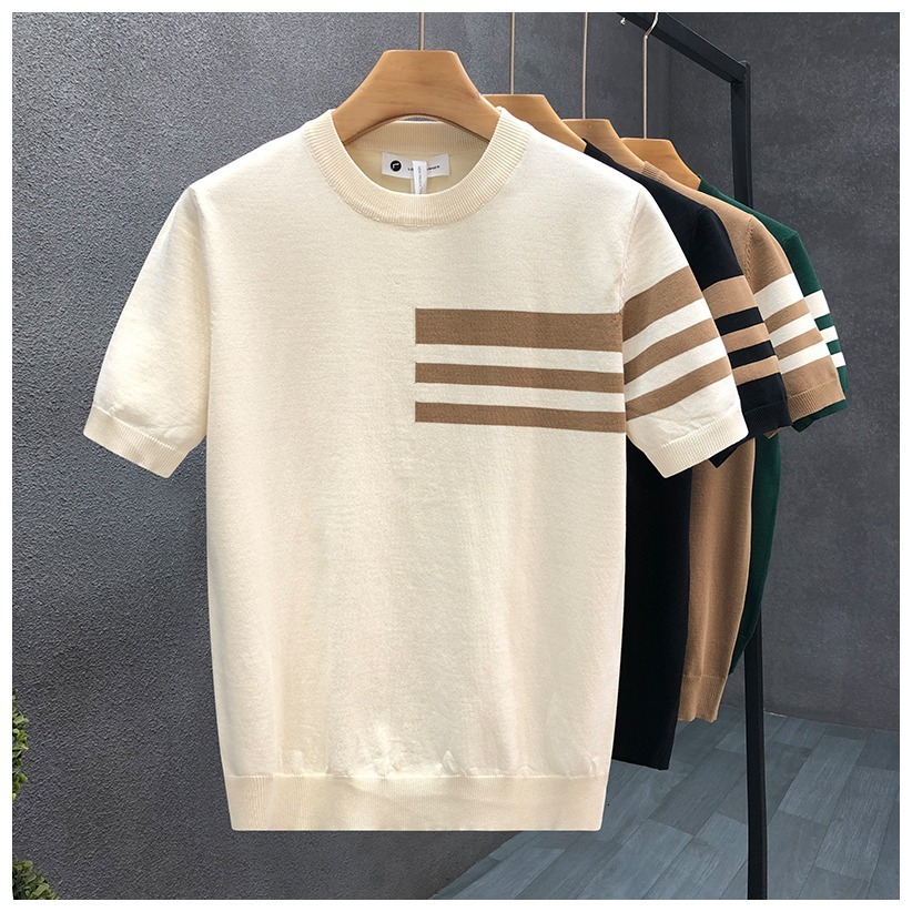 Luxury Brand Designer 2026 New Summer Trend Versatile Round Neck Knit Short Sleeve Color-Block Thin T-Shirt Men Base Layer Shirt