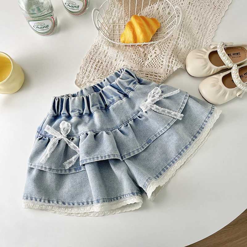Girls Denim Lace-Trimmed Multi-Layered Tiered Skirt H260407