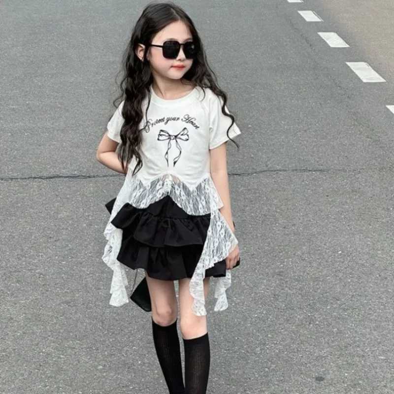 2026 New Girls Summer Dress Trendy Korean Style Short Sleeve Tiered Skirt Versatile Mix Match Casual Wear for Kids H260407