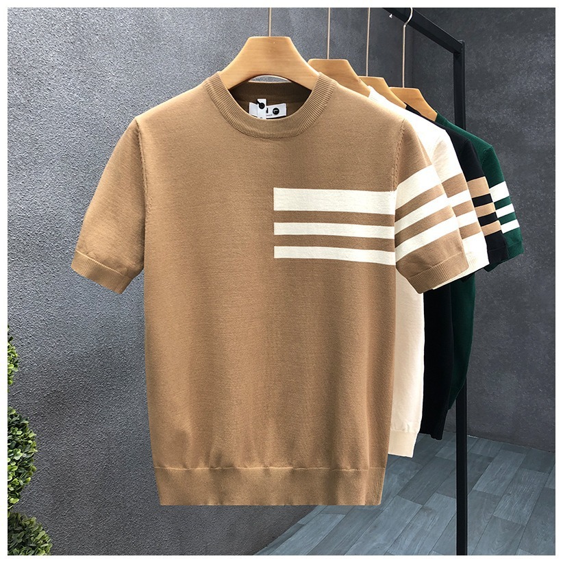 Luxury Brand Designer 2026 New Summer Trend Versatile Round Neck Knit Short Sleeve Color-Block Thin T-Shirt Men Base Layer Shirt