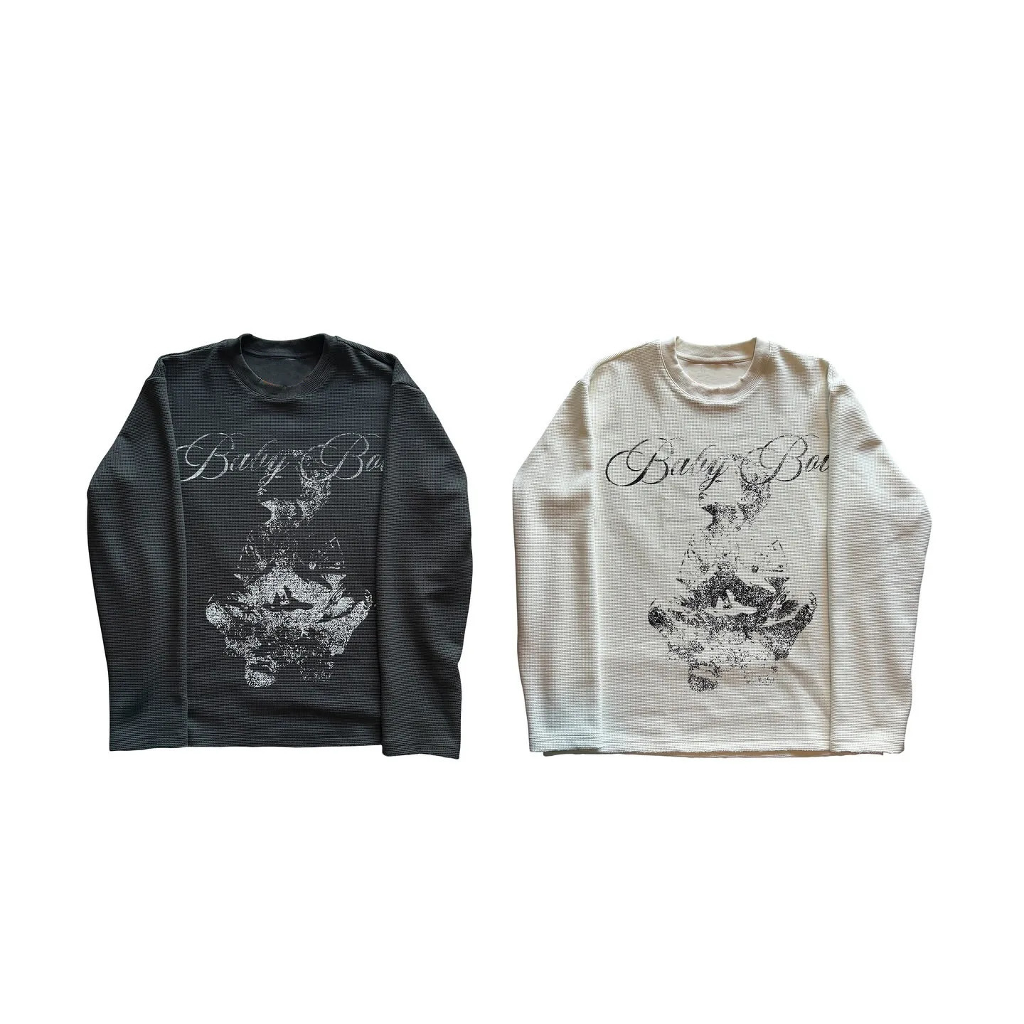 2026 Arrival Women Y2K Waffle Knit Long Sleeve Tee Vintage Angel Letter Graphic Print Raw Hem Loose Casual Top 260403