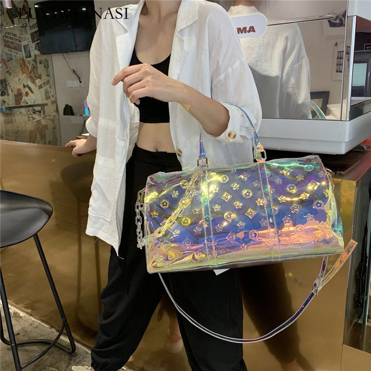 2026 New Arrival Holographic Monogram Boston Bag for Women - Transparent Iridescent Handbag with Chain, Futuristic Luxury Tote