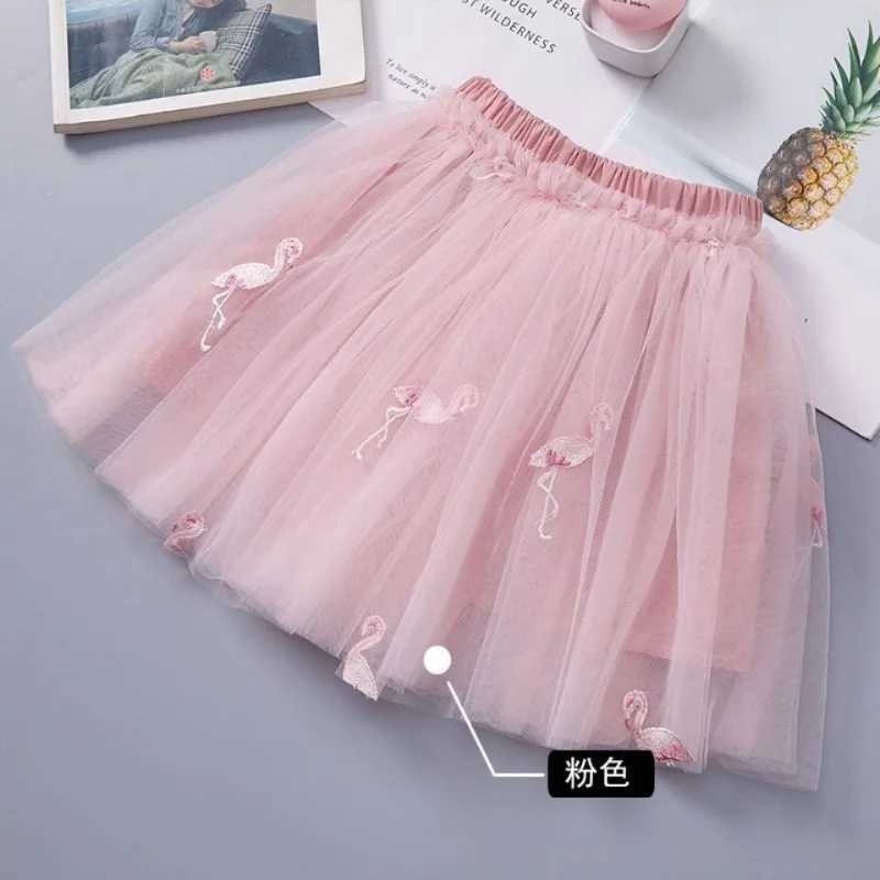 Flamingo Embroidery Girls Skirt Mesh Pleated Princess Skirt 2026 Summer Childrens Korean Fluffy Yarn Short Skirt 3-10T H260407