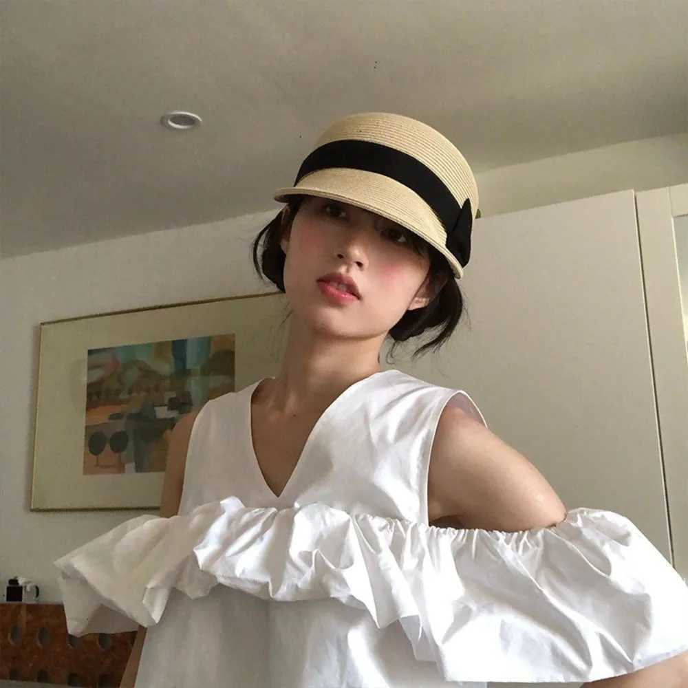 Elegant Grass Woven Duckbill Hat Bow Shaped Sun Protection Shading Cap Anti-UV Sunscreen Visor Hat Summer H260407