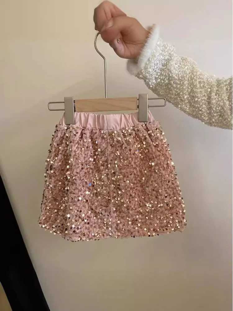 Girls Korean-Style Spring and Autumn New Sequined Cuff Beaded Jacket Pink Skirt Two-Piece Set H260407