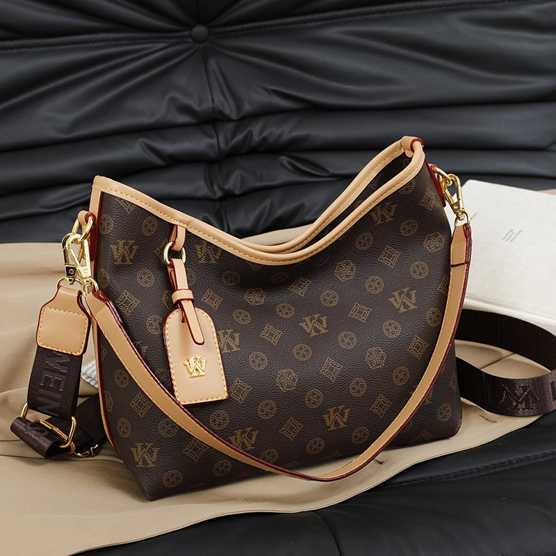 2026 New Arrival Monogram Print Hobo Bag for Women - Premium Brown Faux Leather Crossbody Handbag, Retro Luxury Shoulder Tote