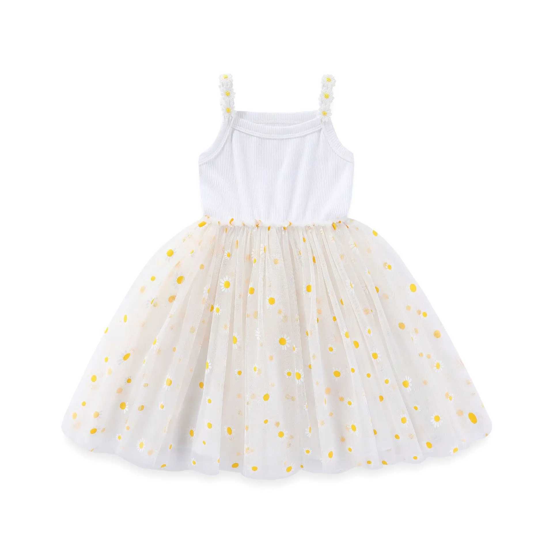 Korean Style Kids Girls Summer Dress 0-6Y Cute Baby Childrens Daisy Suspender Mesh Dress for Girls Sun Beach Holiday Clothing H260407