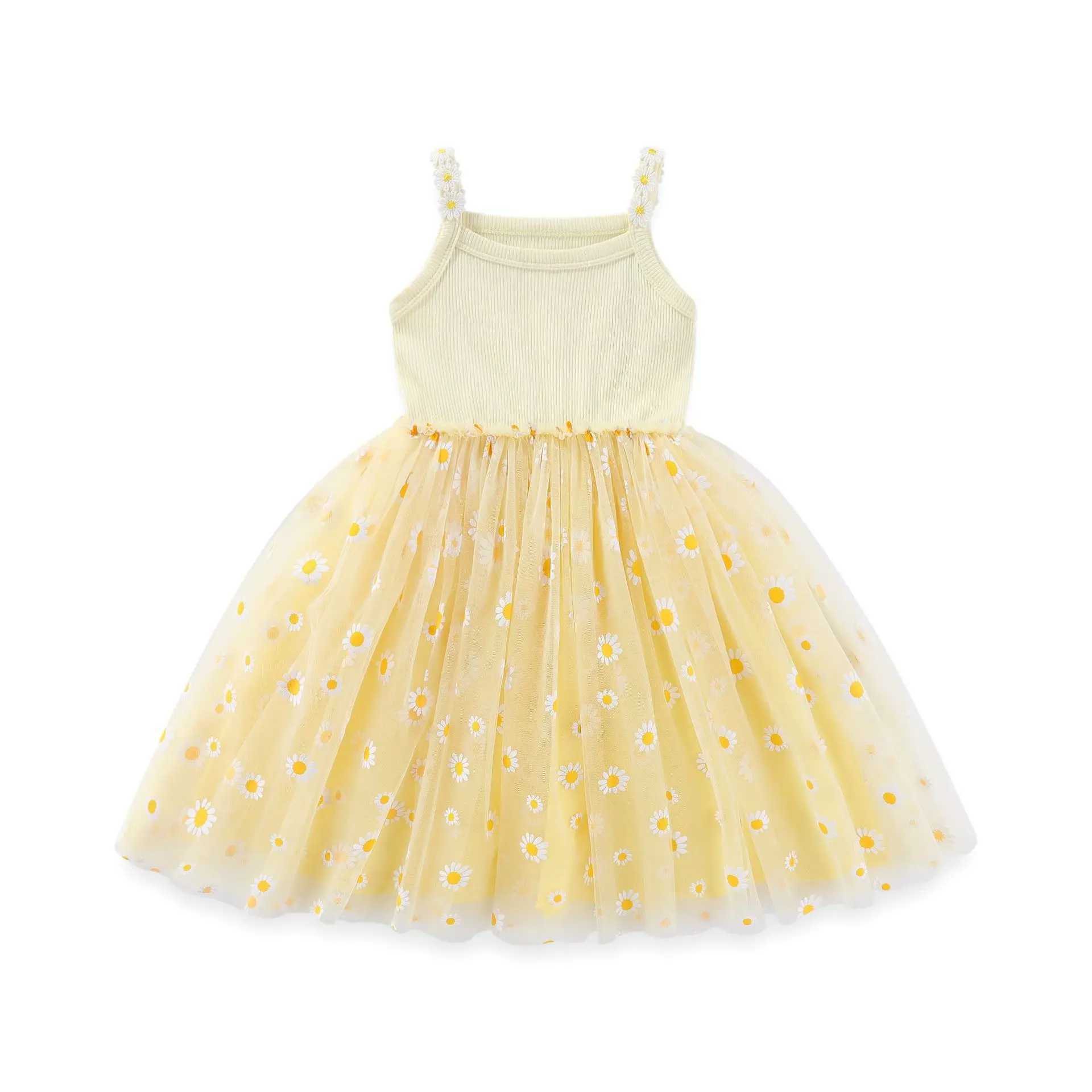Korean Style Kids Girls Summer Dress 0-6Y Cute Baby Childrens Daisy Suspender Mesh Dress for Girls Sun Beach Holiday Clothing H260407