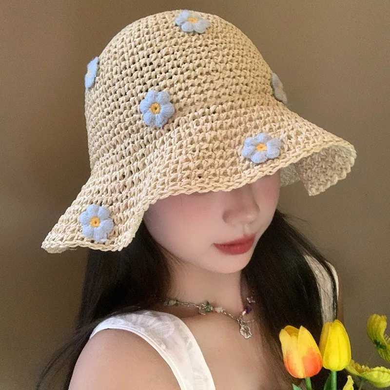 1Pc Woven Flower Decoration Fisherman Hat Summer Sun Shading Straw Woven Hat Fresh Girl Leisure Hat Outdoor Sun Protection Hat H260407