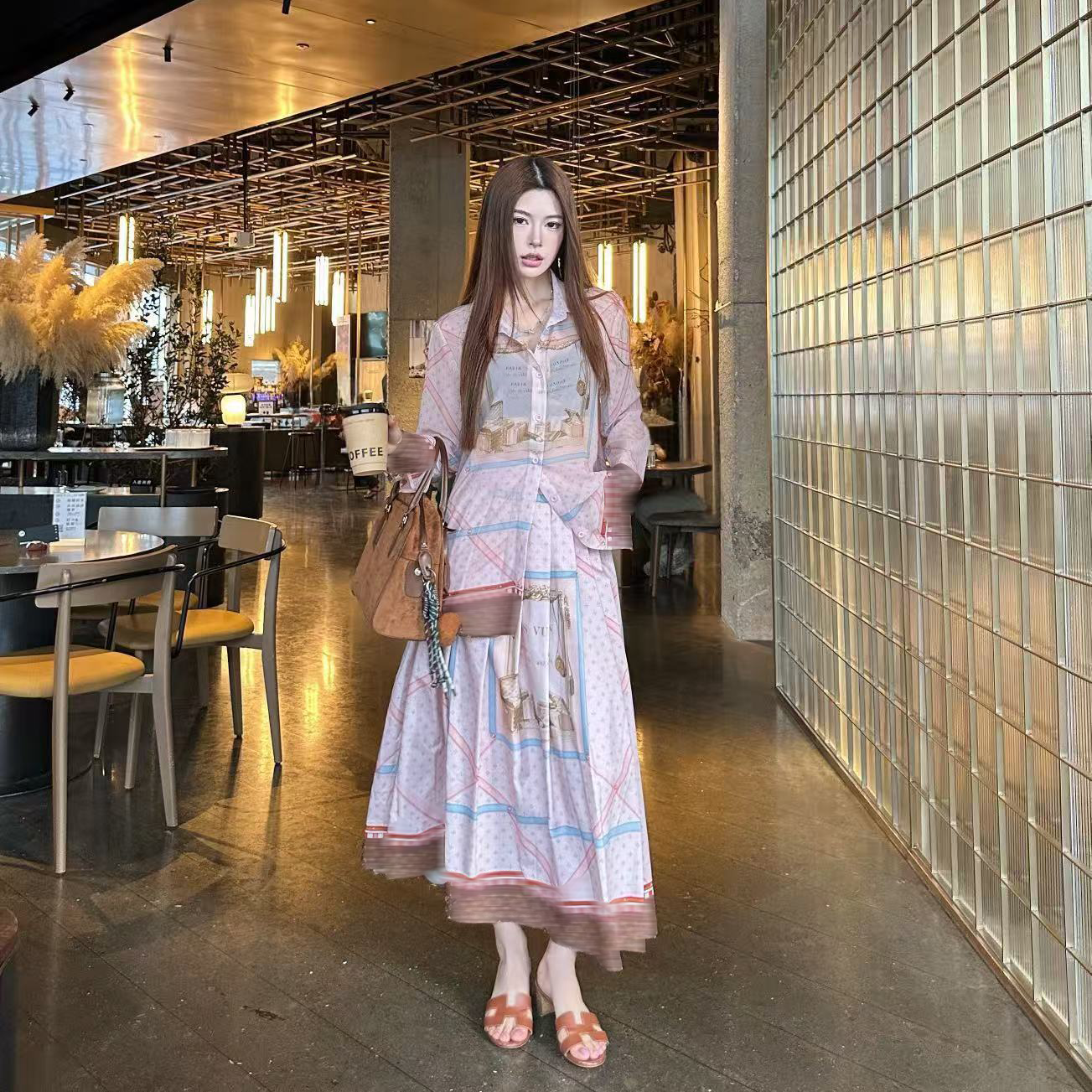 Luxury Vintage 2-Piece Set, Monogram Trunk Print, Button-Down Shirt Pleated Midi Skirt, Young Women, Vacation & High-End Daily Wear, Lightweight Silk Chiffon