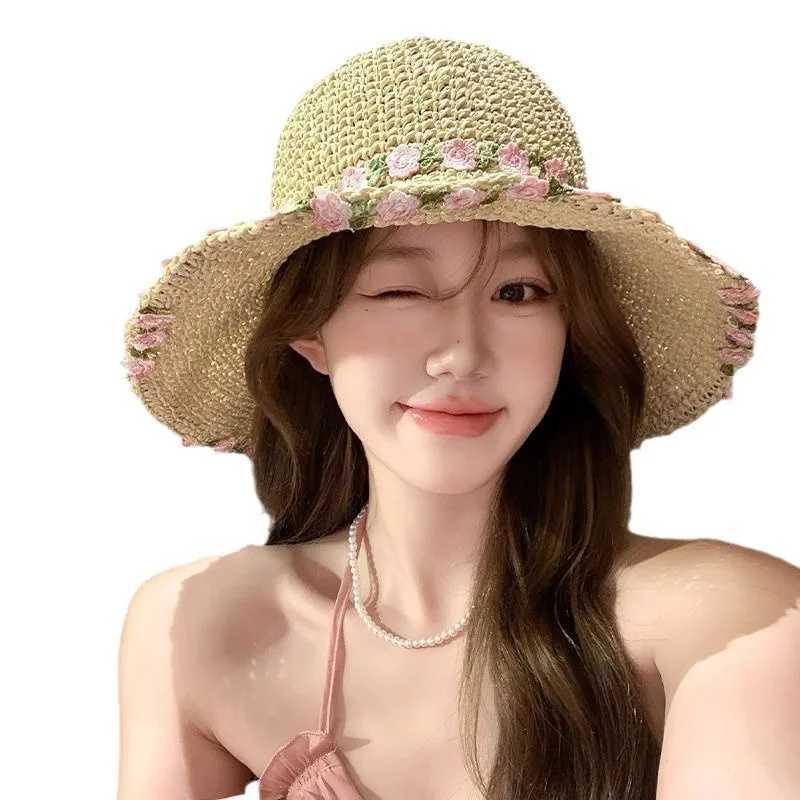 Grass Woven Flower Grass Hat Womens Big Hat Brim Summer Seaside Vacation Beach Foldable Sunshade Sun Protection Hats Women H260407