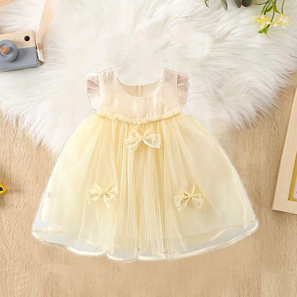 Baby Girl Dress Summer Girl Bow Pearl Mesh Princess Dress Cute Girls First Year Dress Birthday Party Dress Baby Girl Clothes H260407