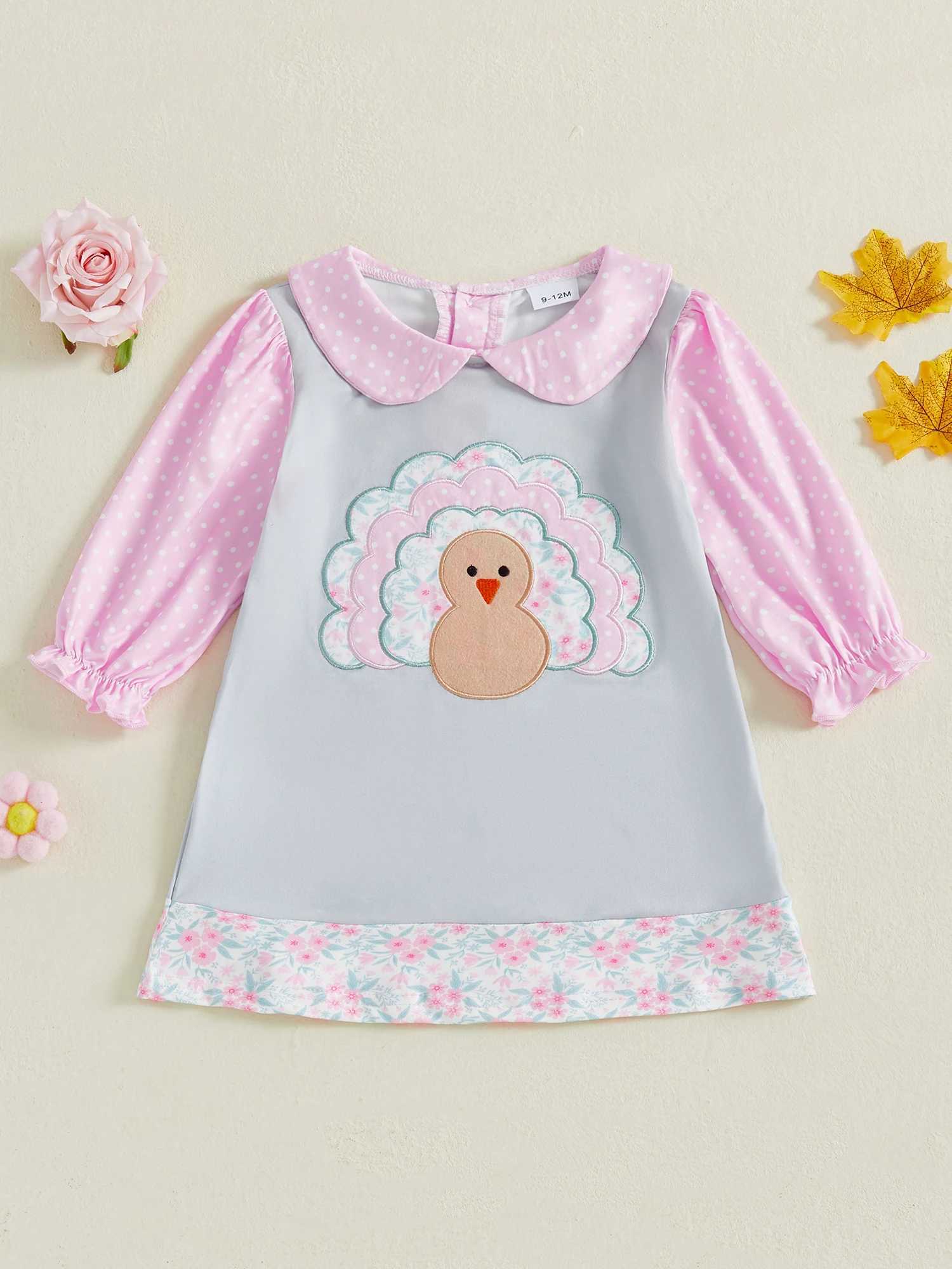 Adorable Infant Girl Fall Dress with Cute Turkey Embroidery and Lantern Sleeves for Thanksgiving Celebration H260407
