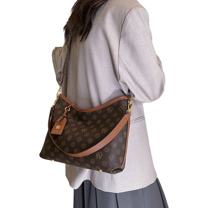 2026 New Arrival Monogram Print Hobo Bag for Women - Premium Brown Faux Leather Crossbody Handbag, Retro Luxury Shoulder Tote