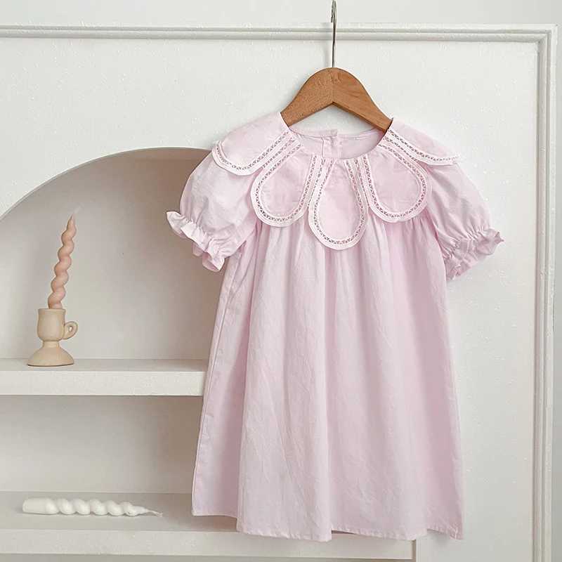 Girls Pink Princess Dresses New Summer Baby Dress Puff Sleeve Korean Style Petal Collar Toddlers Kids Cotton Cute Party Dress H260407