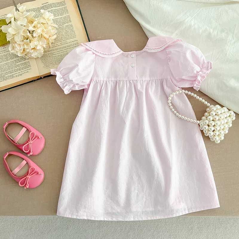 Girls Pink Princess Dresses New Summer Baby Dress Puff Sleeve Korean Style Petal Collar Toddlers Kids Cotton Cute Party Dress H260407