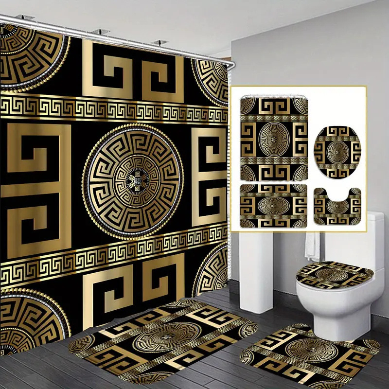 Bathroom Set Wood Grain Background Letter Print Shower Curtain Home Decor Black Gold Color Luxury Style
