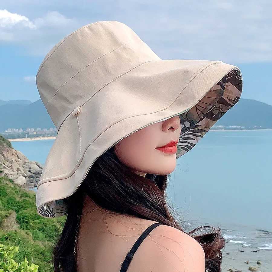 Summer New Printed Double Sided Fishermans Hat with Large Eaves for Face Covering Sunscreen Hat for Women Outdoor Sun Hat H260407