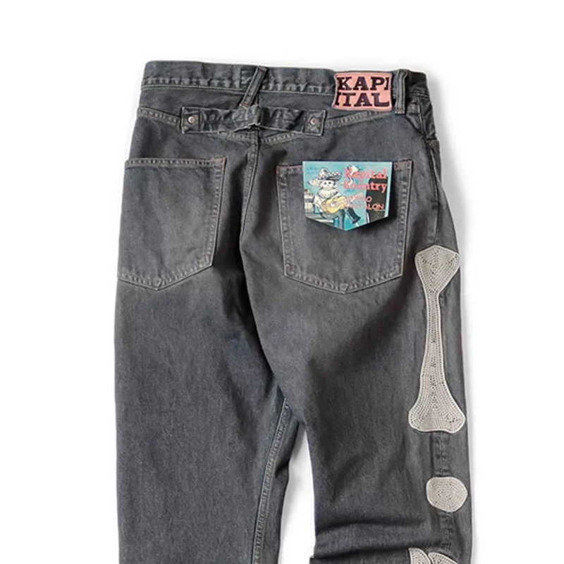 High Quality Japan KAPITAL Hirata Kazuhiro Bone Skeleton Embroidered Pattern Casual Jeans for Men 260401