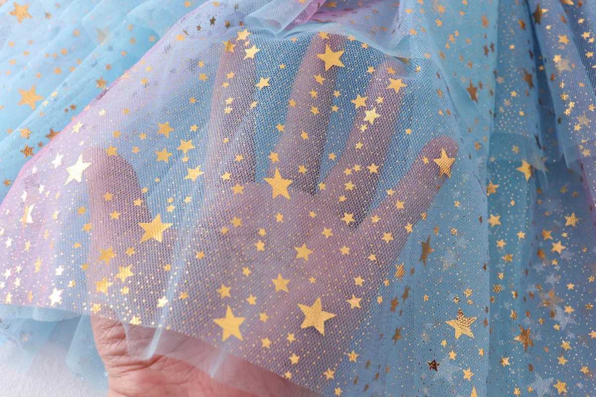 2023 Summer Girls Stars Sequin Mesh Tutu Skirt Fairy Print Puffy Cake Skirts School Girl Pleated Princess Skirt H260407