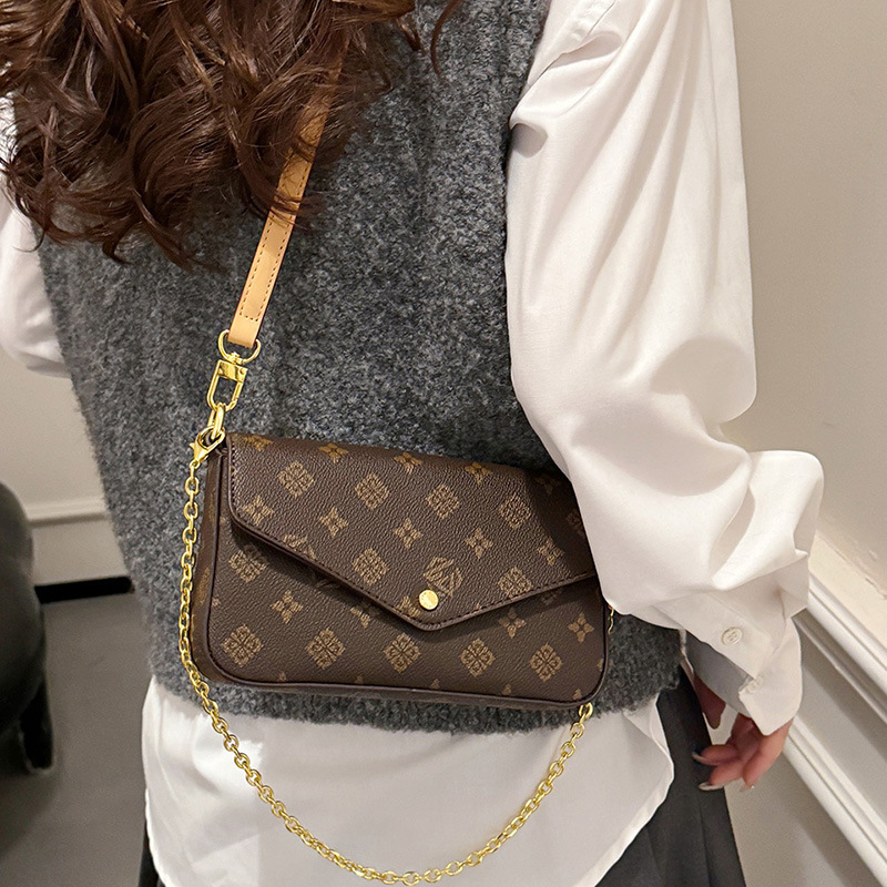 2025 New Arrival Monogram Print Envelope Bag, Women's PU Leather Flap Crossbody with Gold Chain, Trendy 3-Way Shoulder/Crossbody/Top Handle Bag f