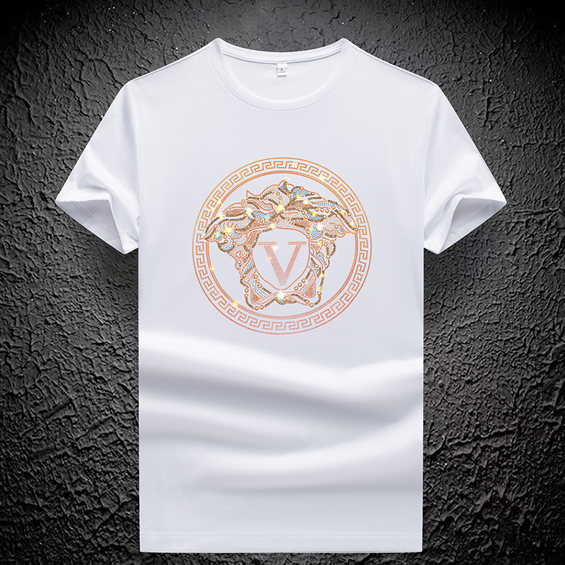 Luxury Brand Designer Trendy High-End Ice Silk Rhinestone Short Sleeve T-Shirt Men Fashion European Casual European Station Mercerized Cotton Men Thin