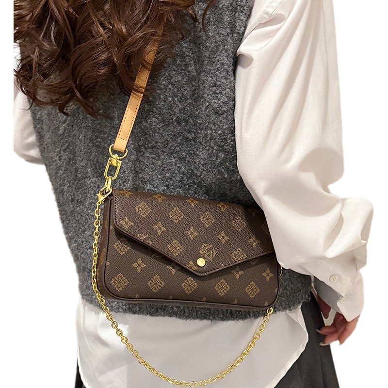 2025 New Arrival Monogram Print Envelope Bag, Women's PU Leather Flap Crossbody with Gold Chain, Trendy 3-Way Shoulder/Crossbody/Top Handle Bag f