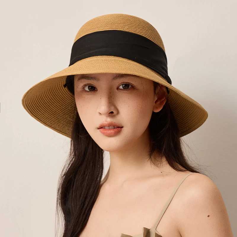 French Vintage Straw Hat Women Elegant Black Ribbon Bow Beach Sun Hat 9cm Wide Brim Breathable Paper Straw Summer Vacation Cap H260407