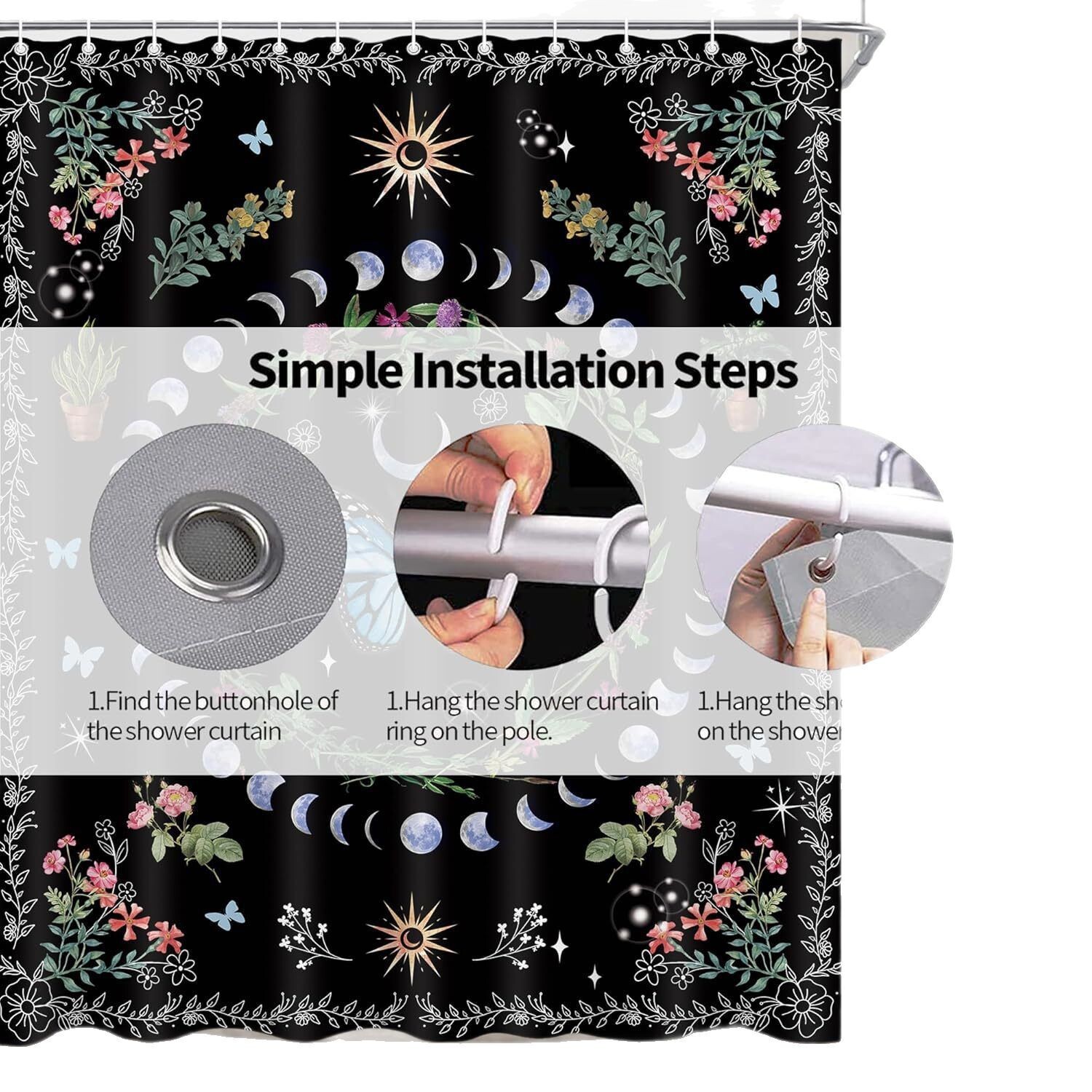 Shower Curtain Witch Bohemian Butterfly Moth Sun Moon Phase Pattern Bathtub Coverage No Drilling Waterproof Bathroom Partition Curtain