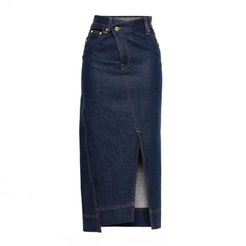 Elegant Mid-Length Denim Mini Skirt for Women High Waist Slimming Side Slit Casual Style Pure Color Polyester Autumn Fashion 260403