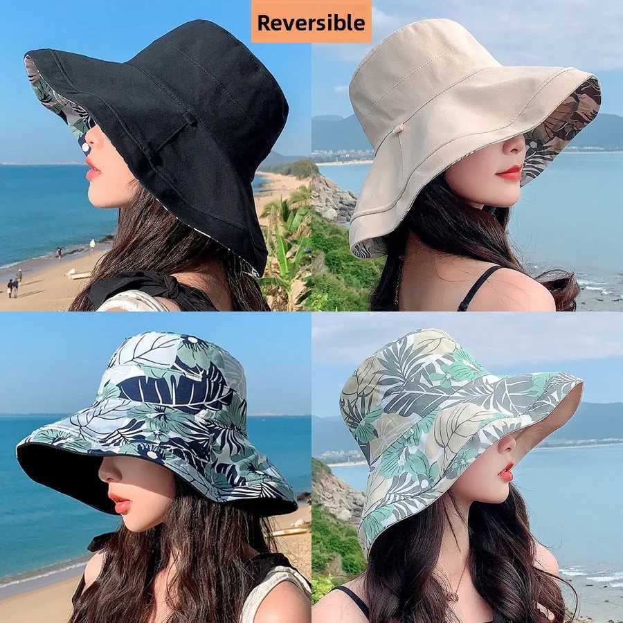 Summer New Printed Double Sided Fishermans Hat with Large Eaves for Face Covering Sunscreen Hat for Women Outdoor Sun Hat H260407
