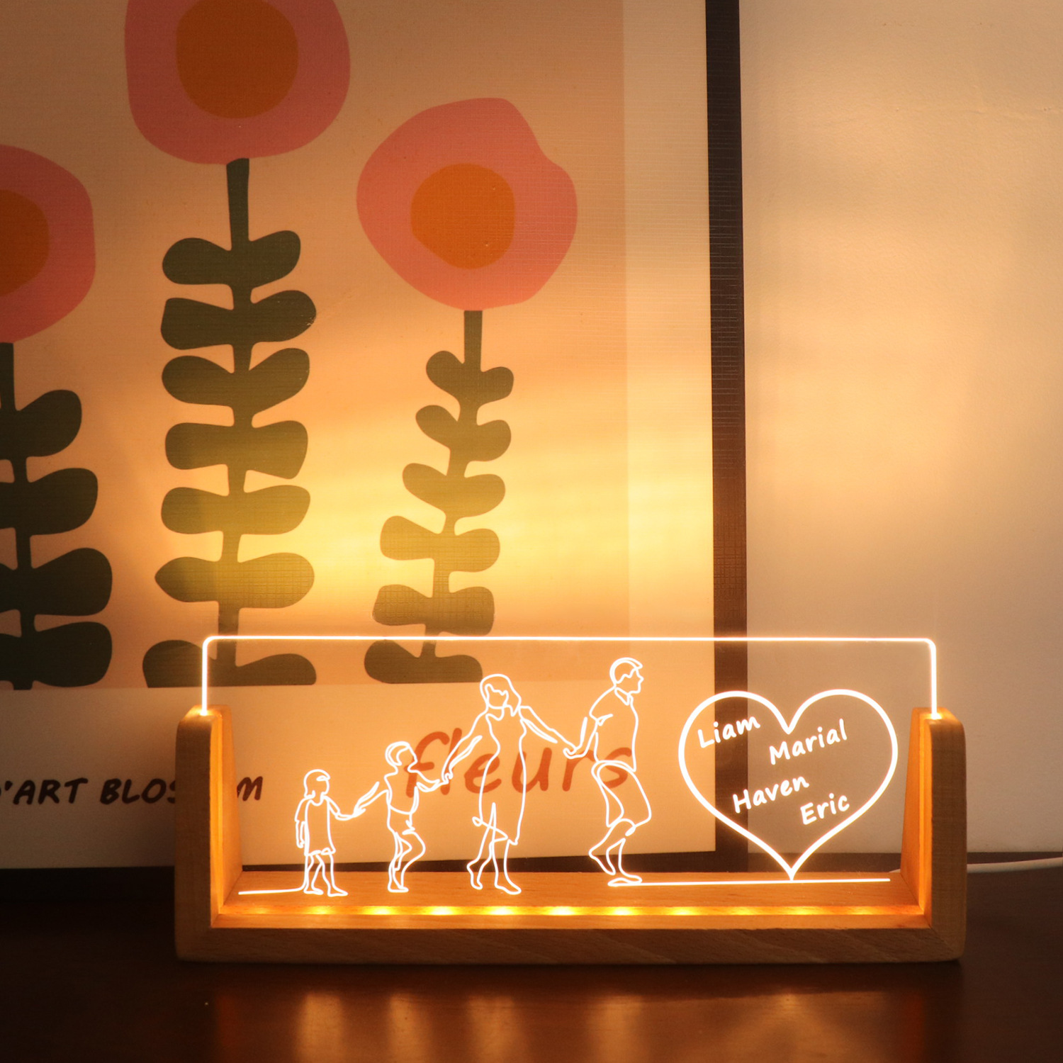 Custom 3D Acrylic LED Night Light Personalized Family Name Lamp USB Warm Light Bedroom Decor Creative Gift for Anniversary Housewarming Birthday