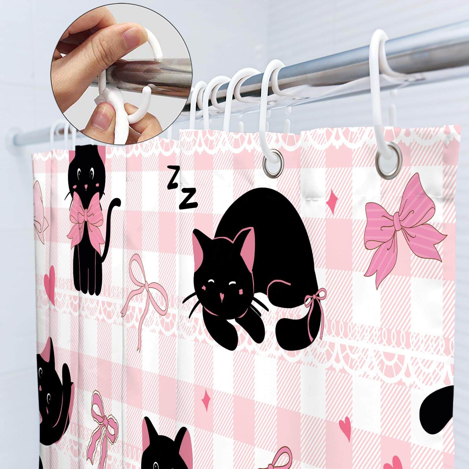 Shower Curtain Fun Bow Black Cat Animal Theme Cute Style Digital Printing Waterproof Mildew Proof Bathroom Toilet Partition Curtain