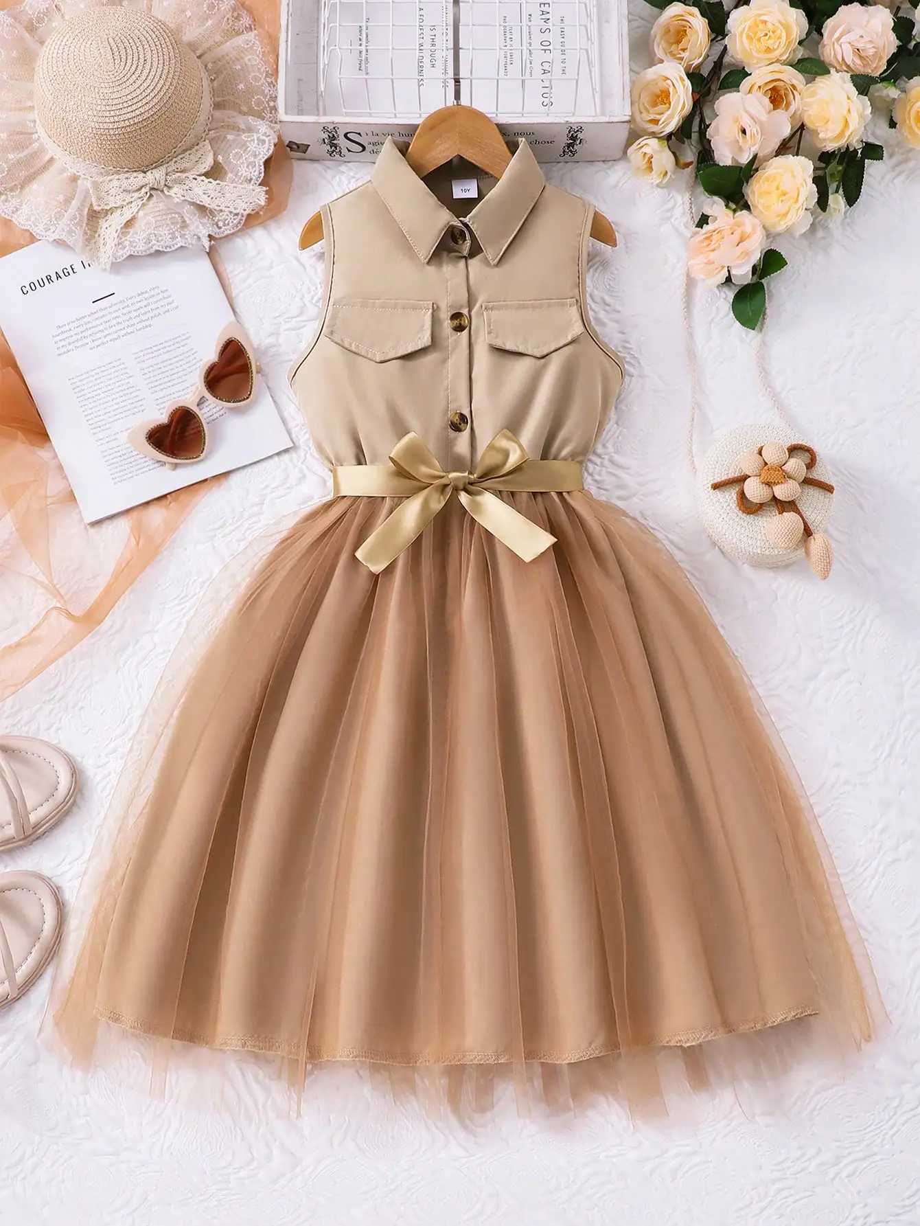 Girls Sleeveless Collared Dress with Tulle Skirt and Satin Bow Belt Beige Summer Casual H260407