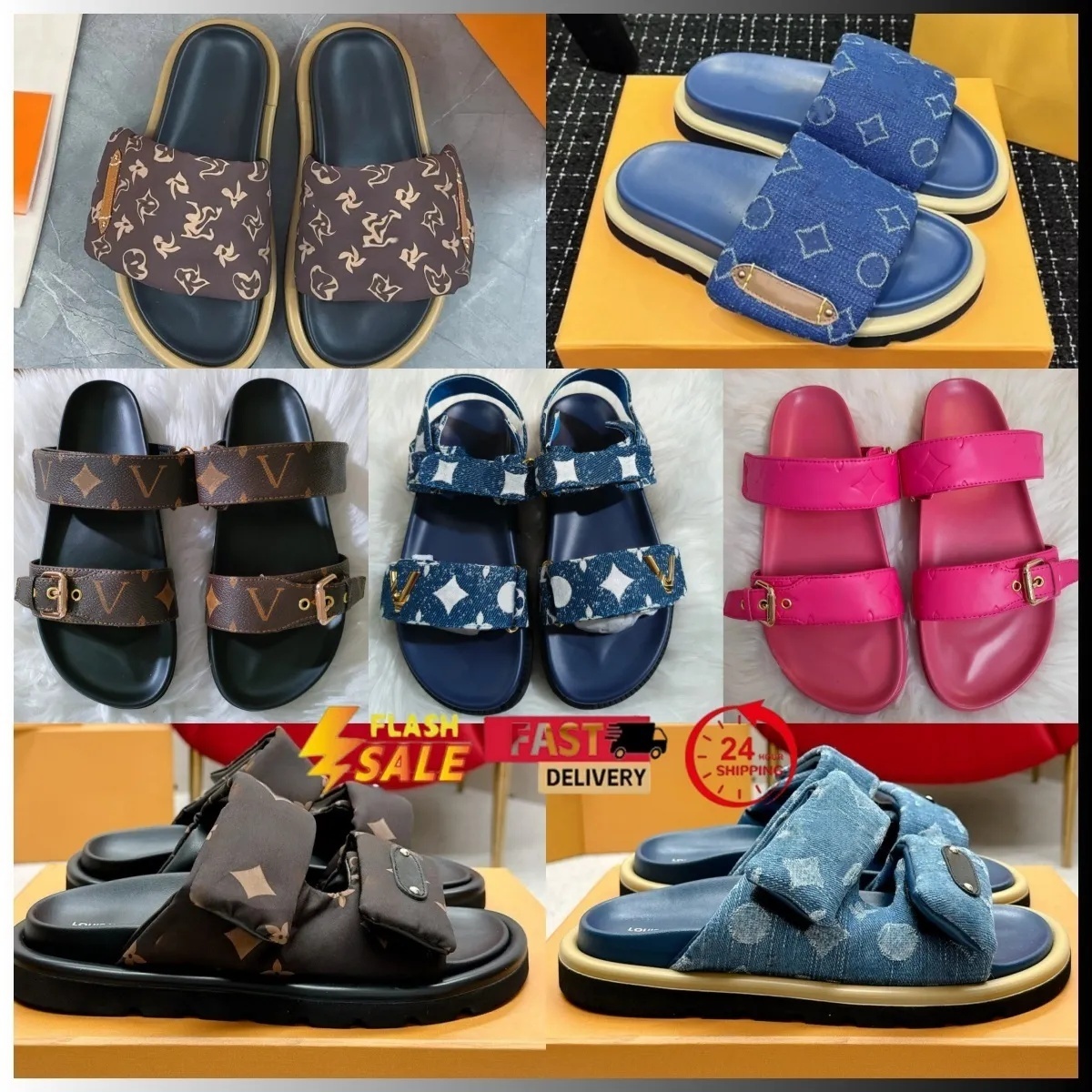 Denim lvs Designer Slippers Pool Pillow Slides Summer Cotton Fabric Leather Casual Shoes Man Black Scuff Flat Sandals Mules Sunset Padded Women Fashion