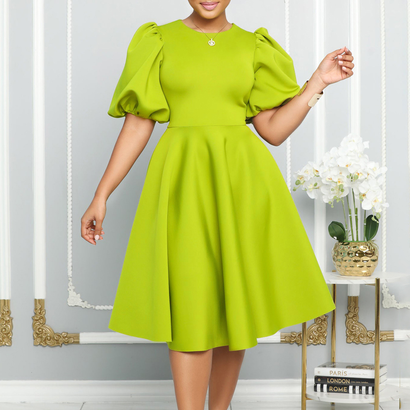 Plus size black casual womens dress with O-ring puff sleeves and A-line round neck slim fit Midi formal dress 240824 - view 4