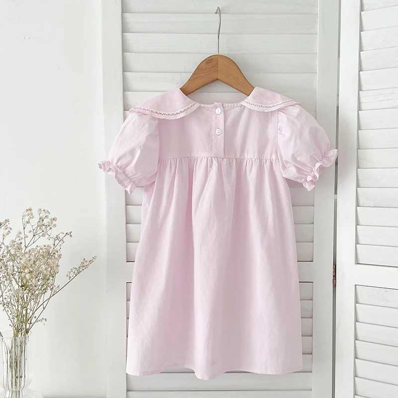 Girls Pink Princess Dresses New Summer Baby Dress Puff Sleeve Korean Style Petal Collar Toddlers Kids Cotton Cute Party Dress H260407