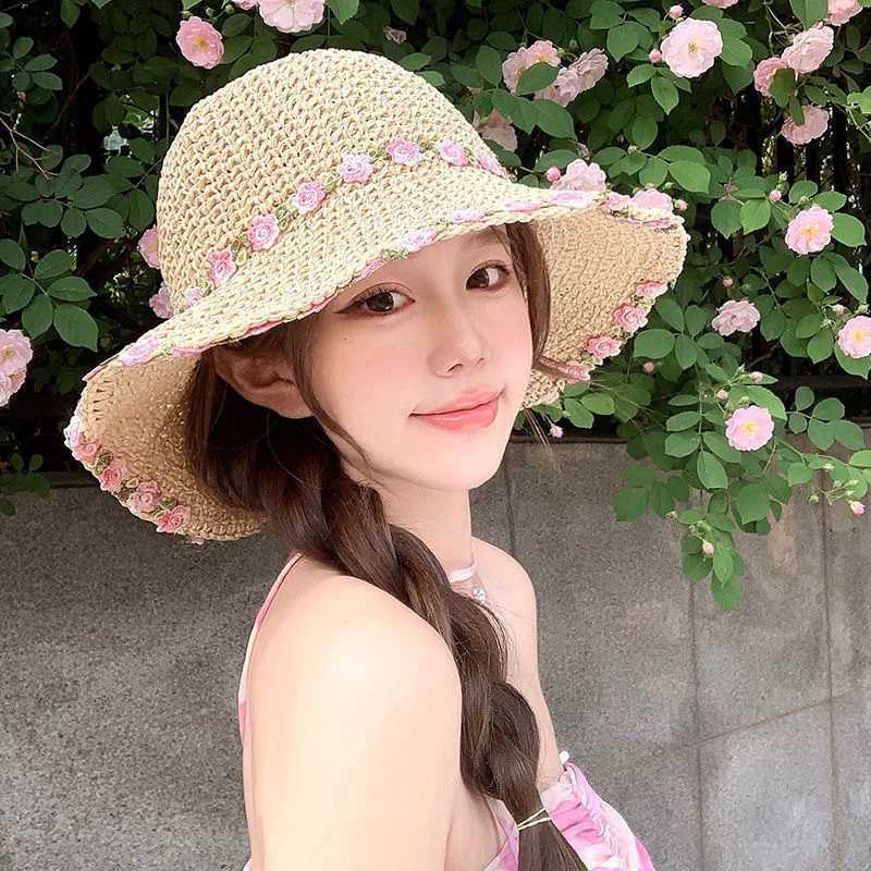 Grass Woven Flower Grass Hat Womens Big Hat Brim Summer Seaside Vacation Beach Foldable Sunshade Sun Protection Hats Women H260407