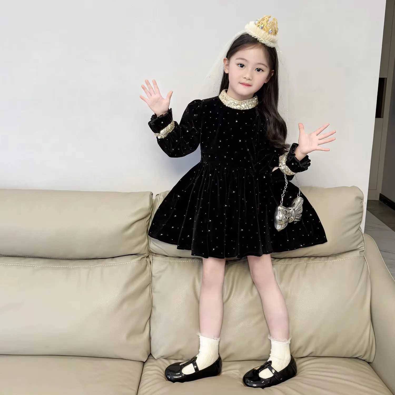Girls Elegant Velvet Dress 2026 Spring and Autumn New Children Baby Dress Small Fragrant Style Princess Dress H260407